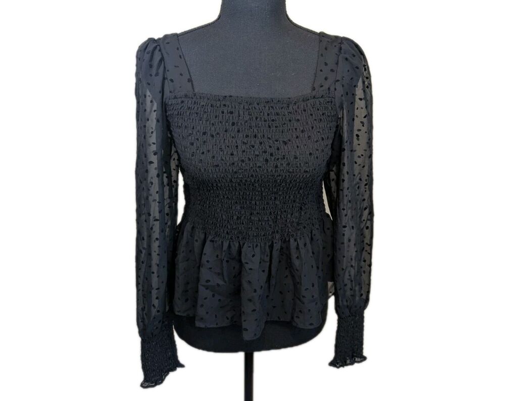 Nine West Blouse Black Smocked Square Neck Polka Dot Long Sheer Sleeves XS
